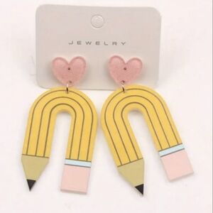 Colorful Pencil Teacher Earrings Yellow Pink White Acrylic NEW